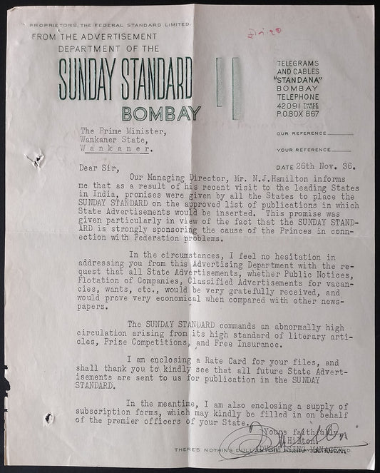 AOP India 1936 SUNDAY STANDARD letterhead to Prime Minister Wankaner State