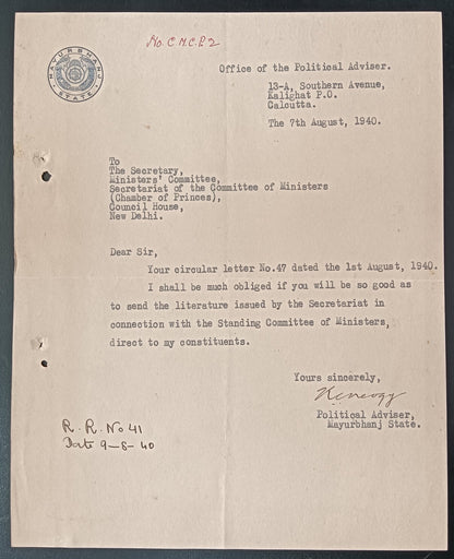 India 1940 crested letter MAYURBHANJ STATE