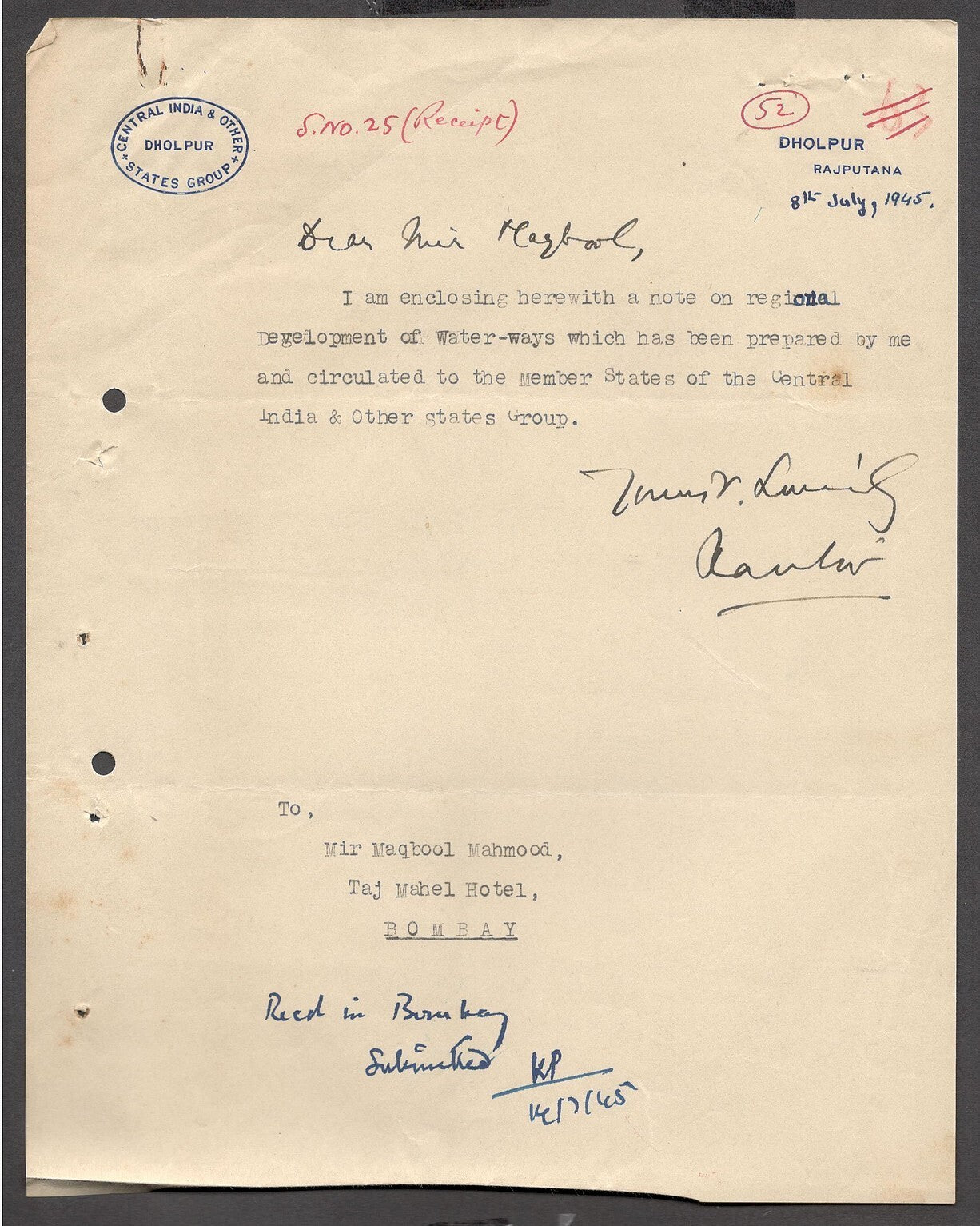India 1945 crested letter CENTRAL INDIA & OTHER STATES GROUP / DHOLPUR
