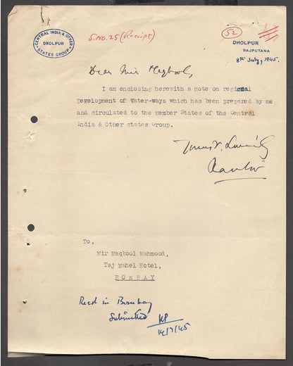 India 1945 crested letter CENTRAL INDIA & OTHER STATES GROUP / DHOLPUR
