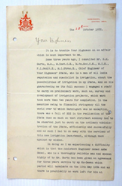 India Naraingarh State 1932 crested letter signed Maharaja Vikram Singh