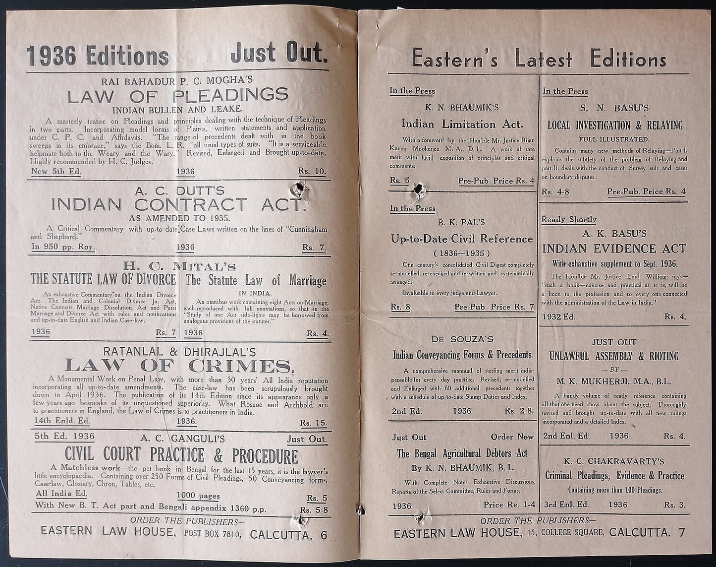 AOP India Eastern Law House, Calcutta Feb 1937 Book List