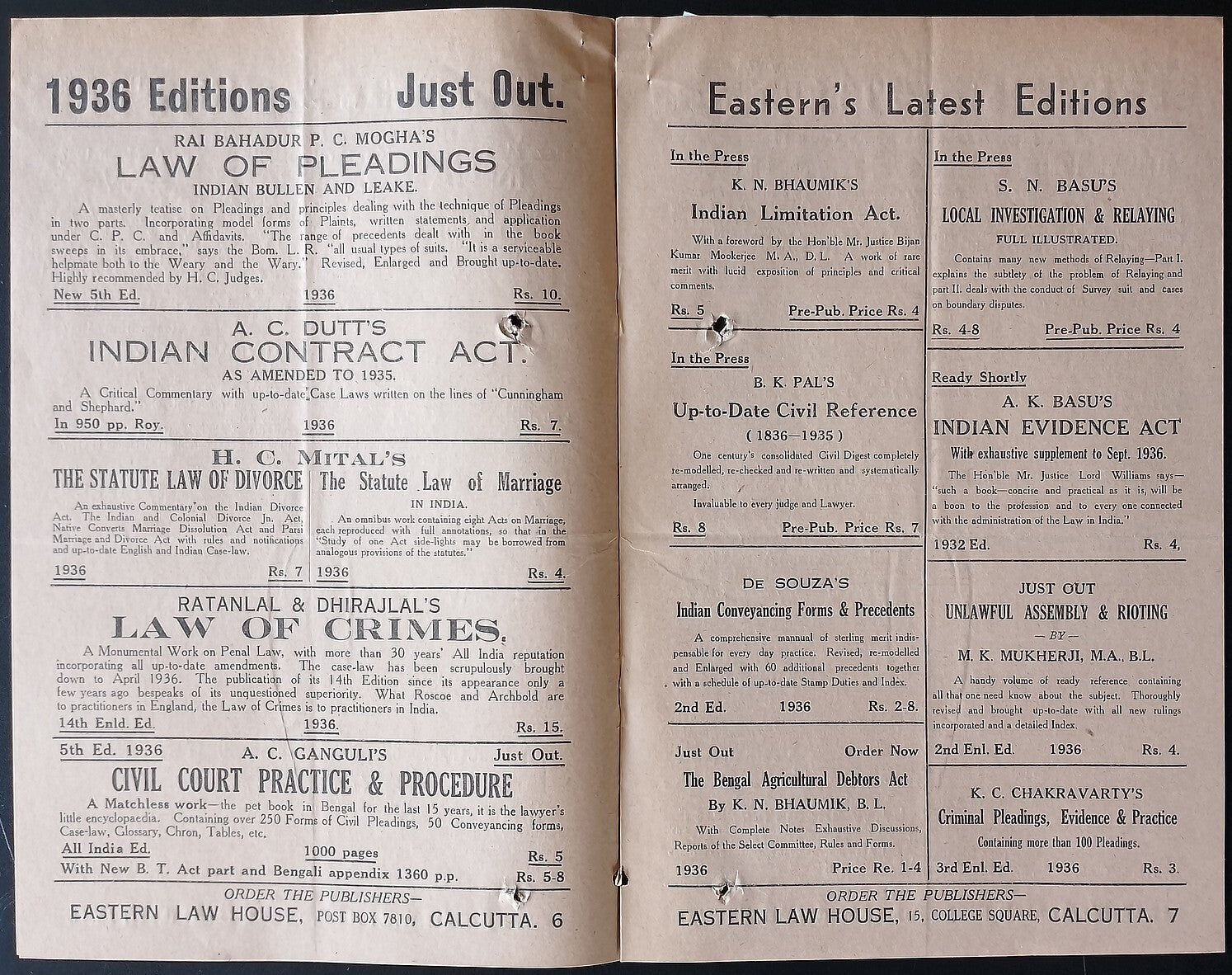 AOP India Eastern Law House, Calcutta Feb 1937 Book List