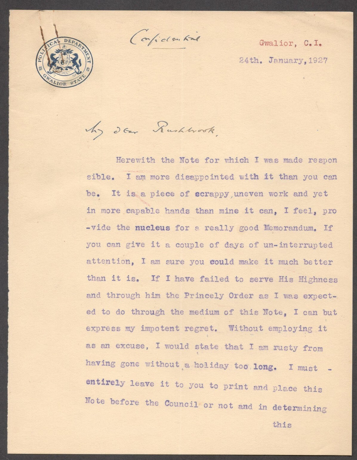 India 1927 crested letter POLITICAL DEPT GWALIOR impotent regret fo scrappy work