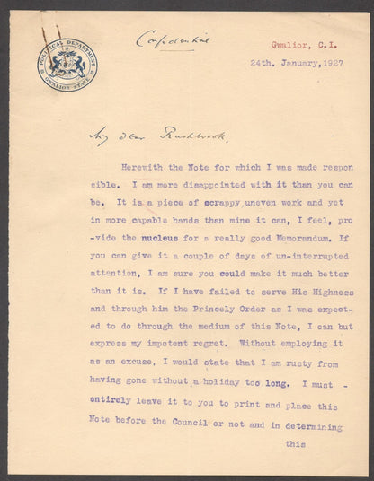 India 1927 crested letter POLITICAL DEPT GWALIOR impotent regret fo scrappy work