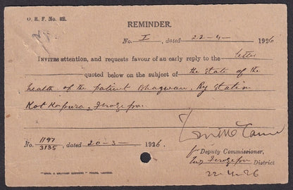 India 1926 uprated KGV SERVICE POST CARD 1/4a with "FARIDKOT/TEL" dc