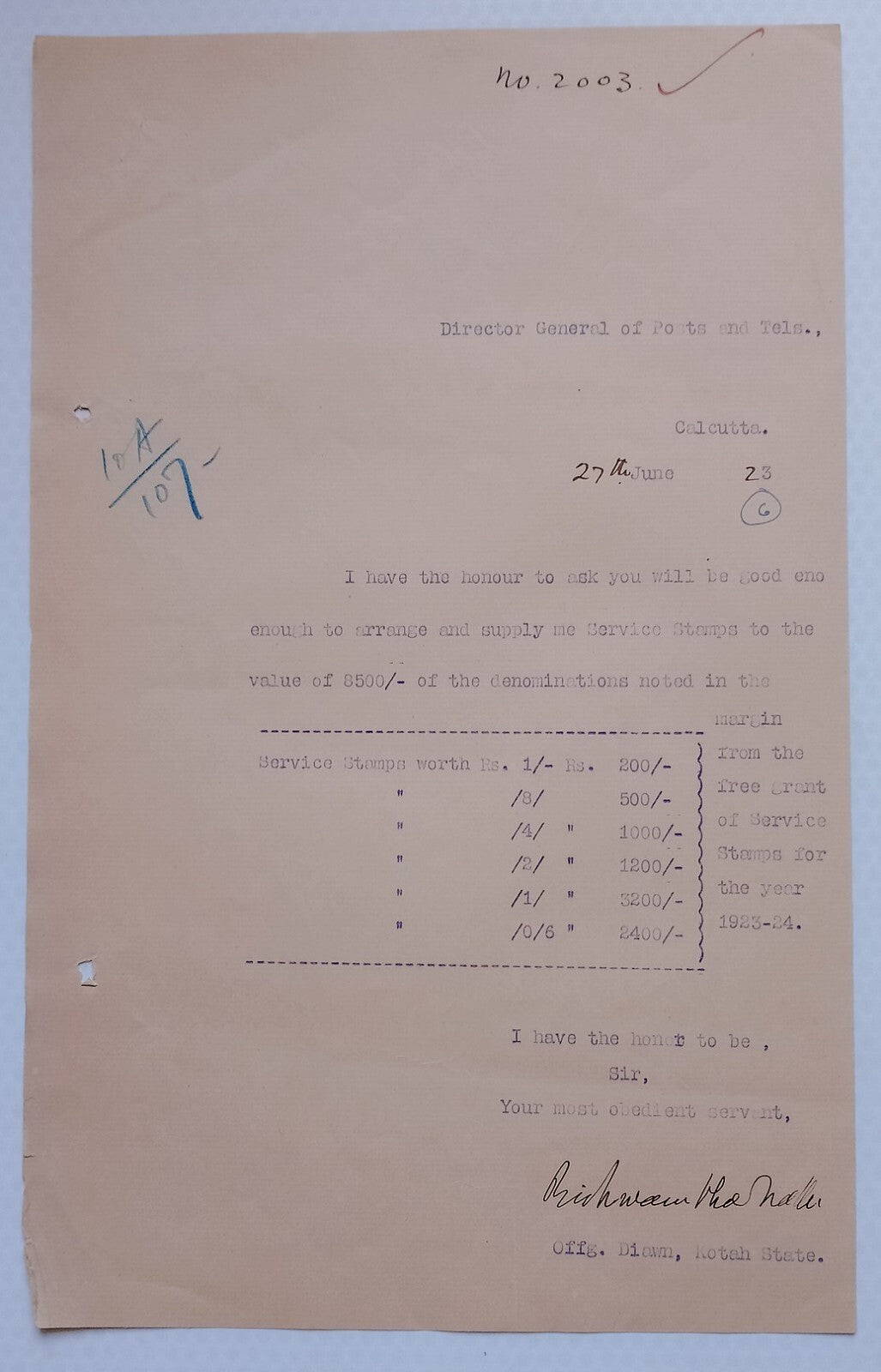 AOP India Official correspondence :Supply of Service stamps to KOTAH STATE 1924