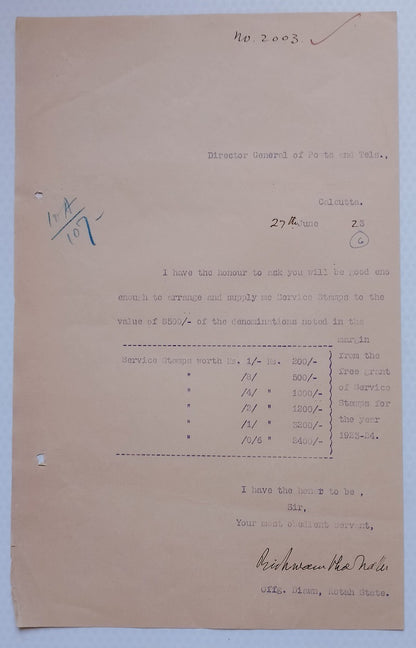 AOP India Official correspondence :Supply of Service stamps to KOTAH STATE 1924