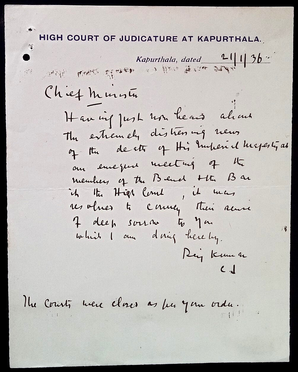 India 1936 CJ Kaputhala High Court letter condoling the death of King George V