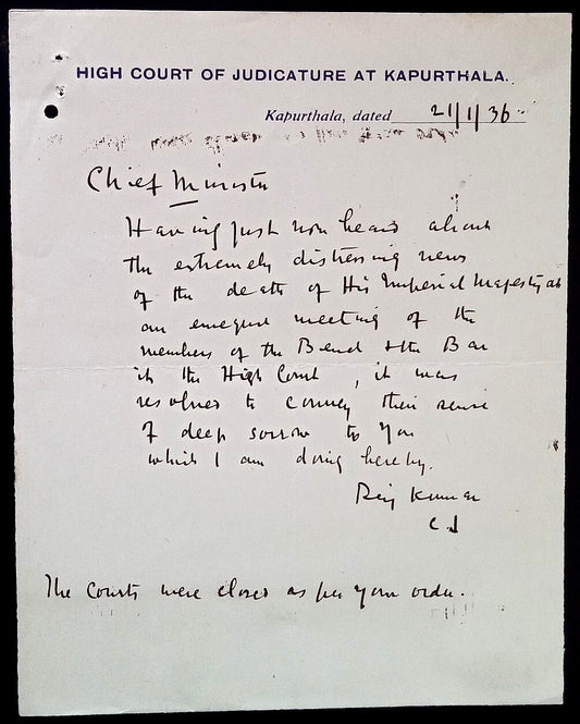 India 1936 CJ Kaputhala High Court letter condoling the death of King George V