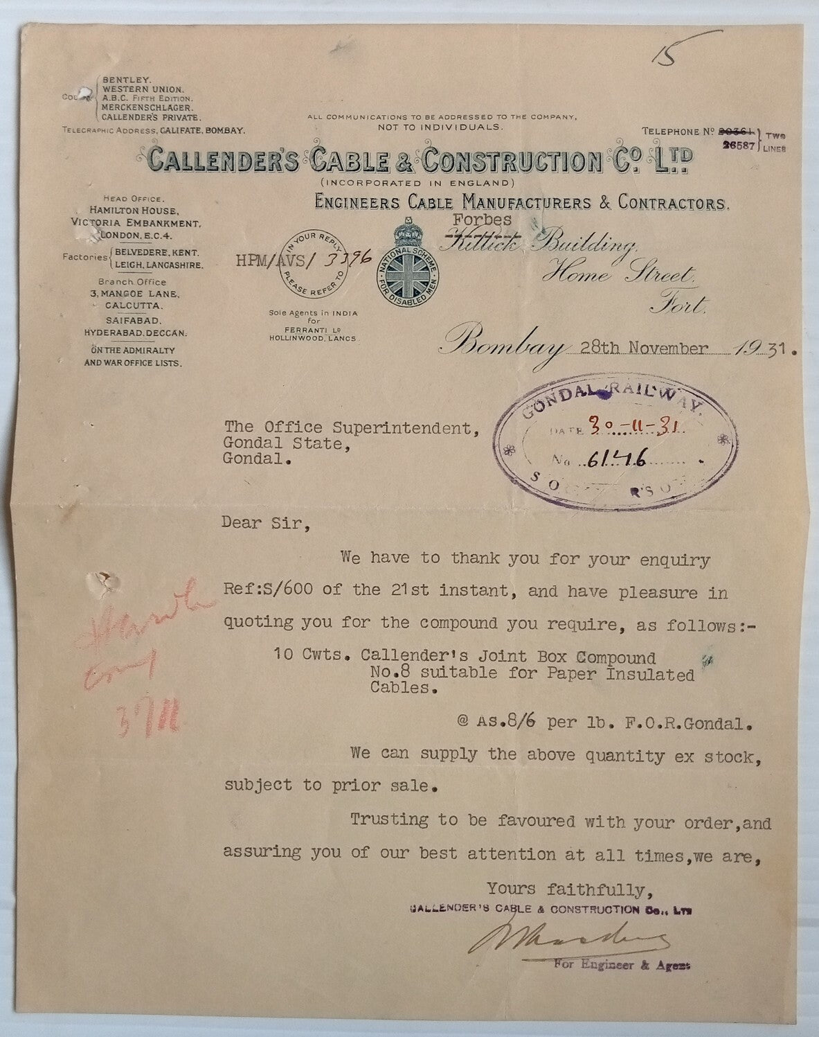 AOP India 1931 illustrated letterhead CALLENDER'S CABLE CONSTRUSTION CO