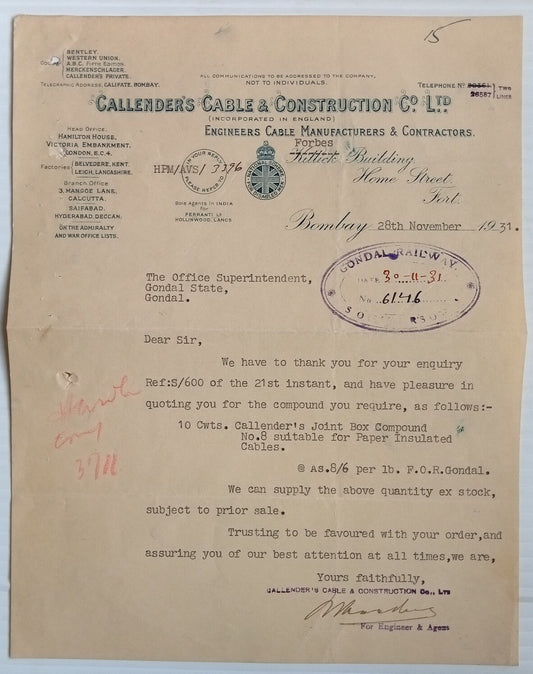 AOP India 1931 illustrated letterhead CALLENDER'S CABLE CONSTRUSTION CO