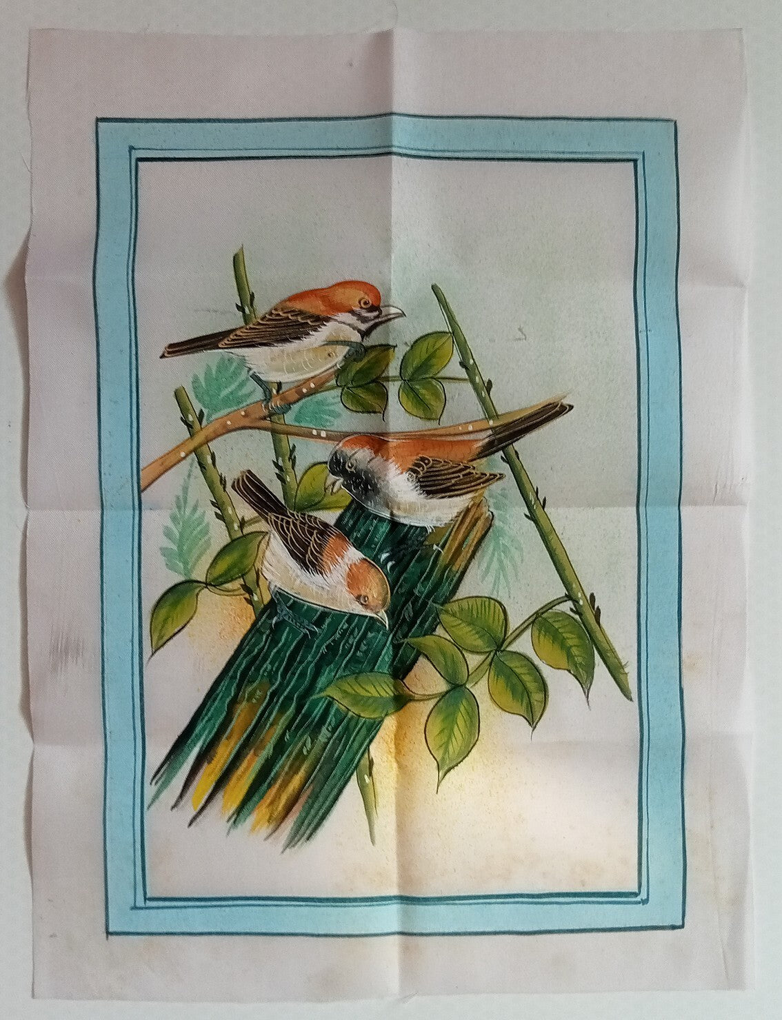 India vintage hand painting on cloth BIRDS ON A TREE 9 x 12 inches