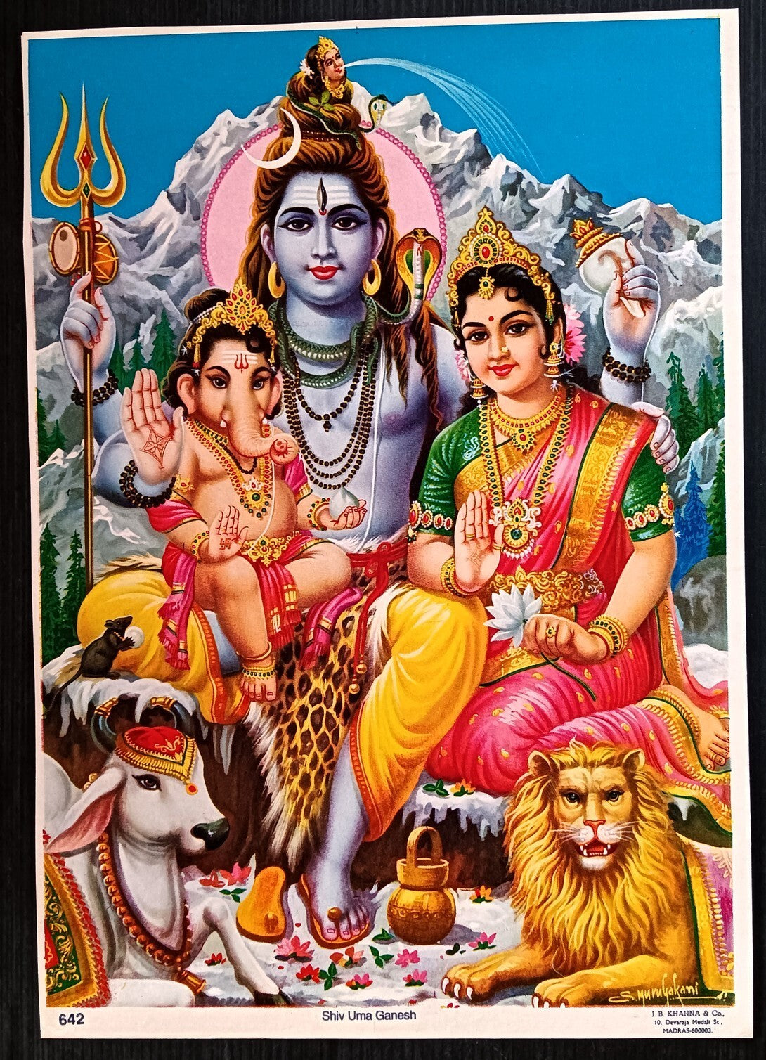 India SHIV UMA GANESH J. B. Khanna 9.5' x 13" vintage Hindu poster