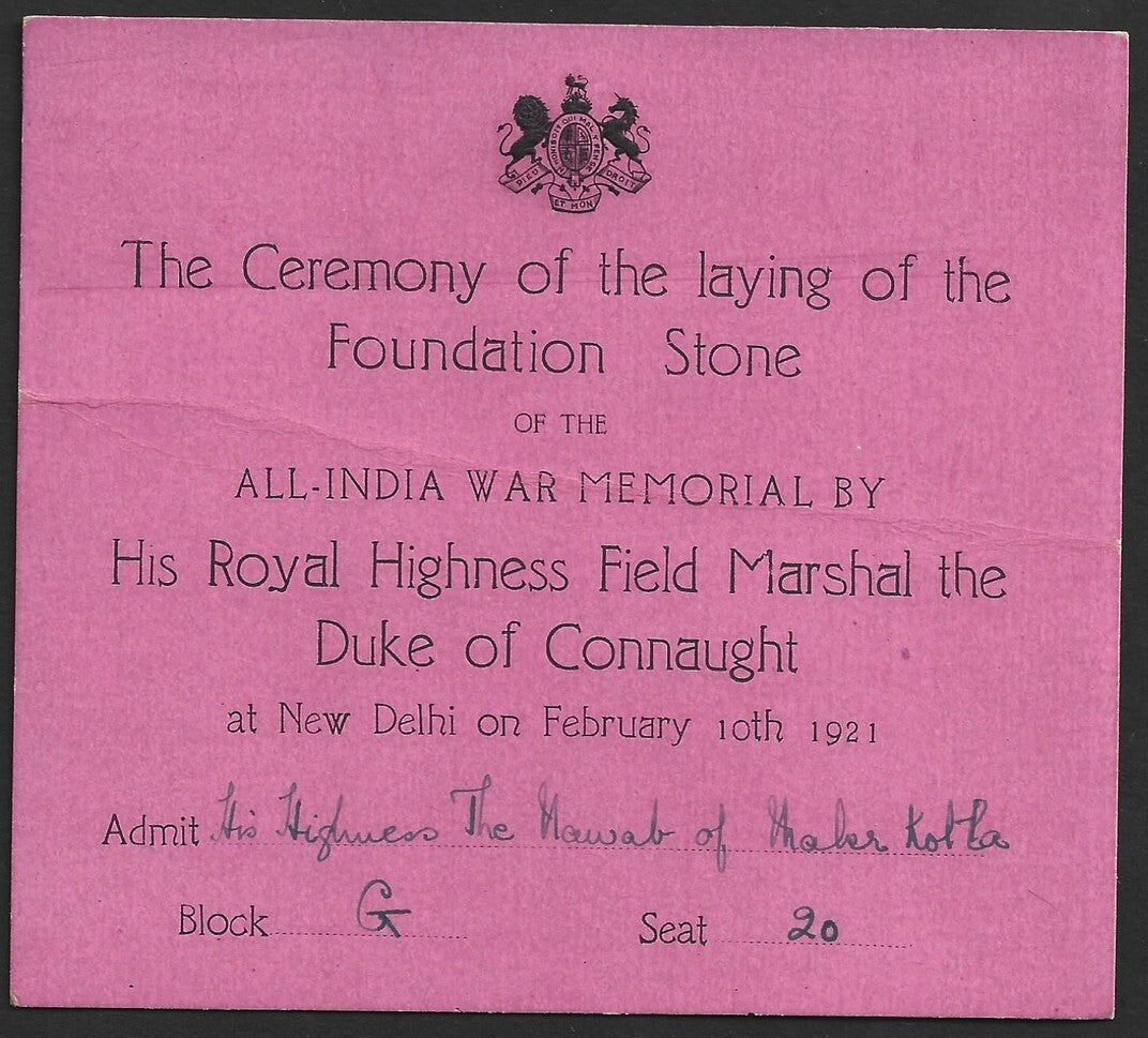 1921 Duke of Connaught INDIA VISIT Inaug of War Memorial crested pass for Nawab