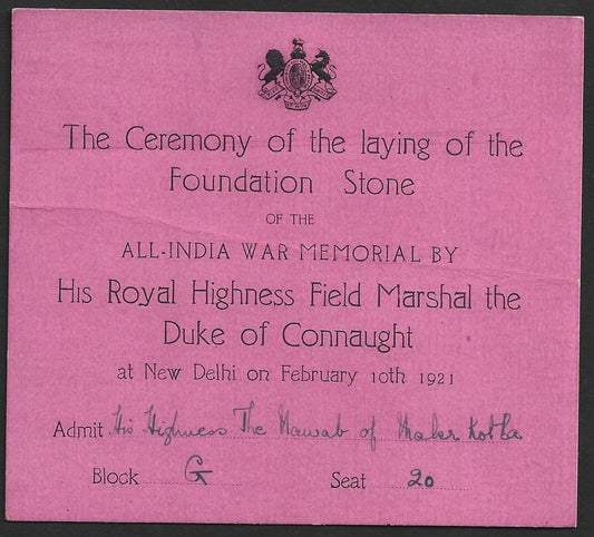 1921 Duke of Connaught INDIA VISIT Inaug of War Memorial crested pass for Nawab