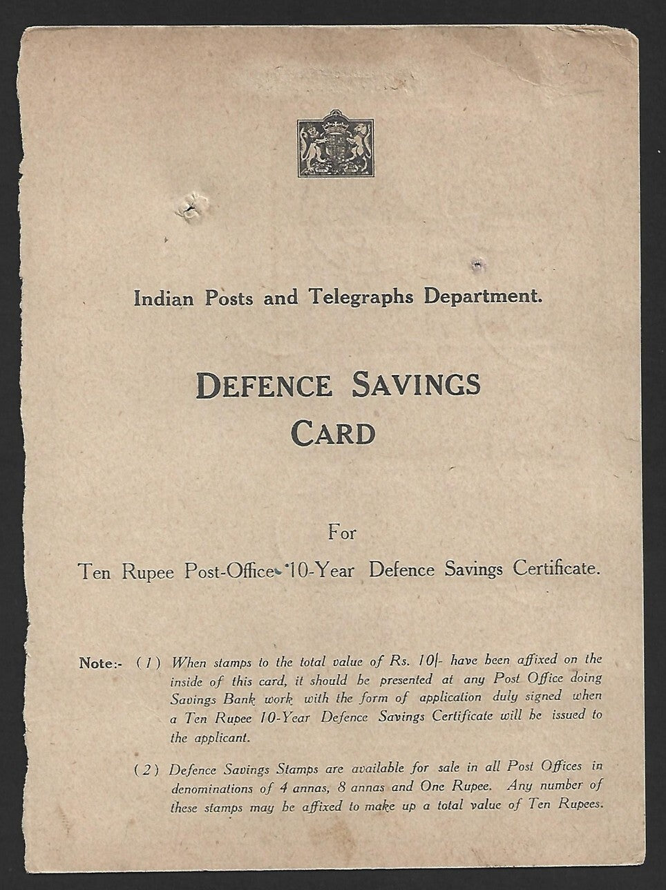 India WW2 SAVE FOR INDIA'S DEFENCE stamps 1R block of 10 on savings card