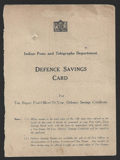 India WW2 SAVE FOR INDIA'S DEFENCE stamps 1R block of 10 on savings card