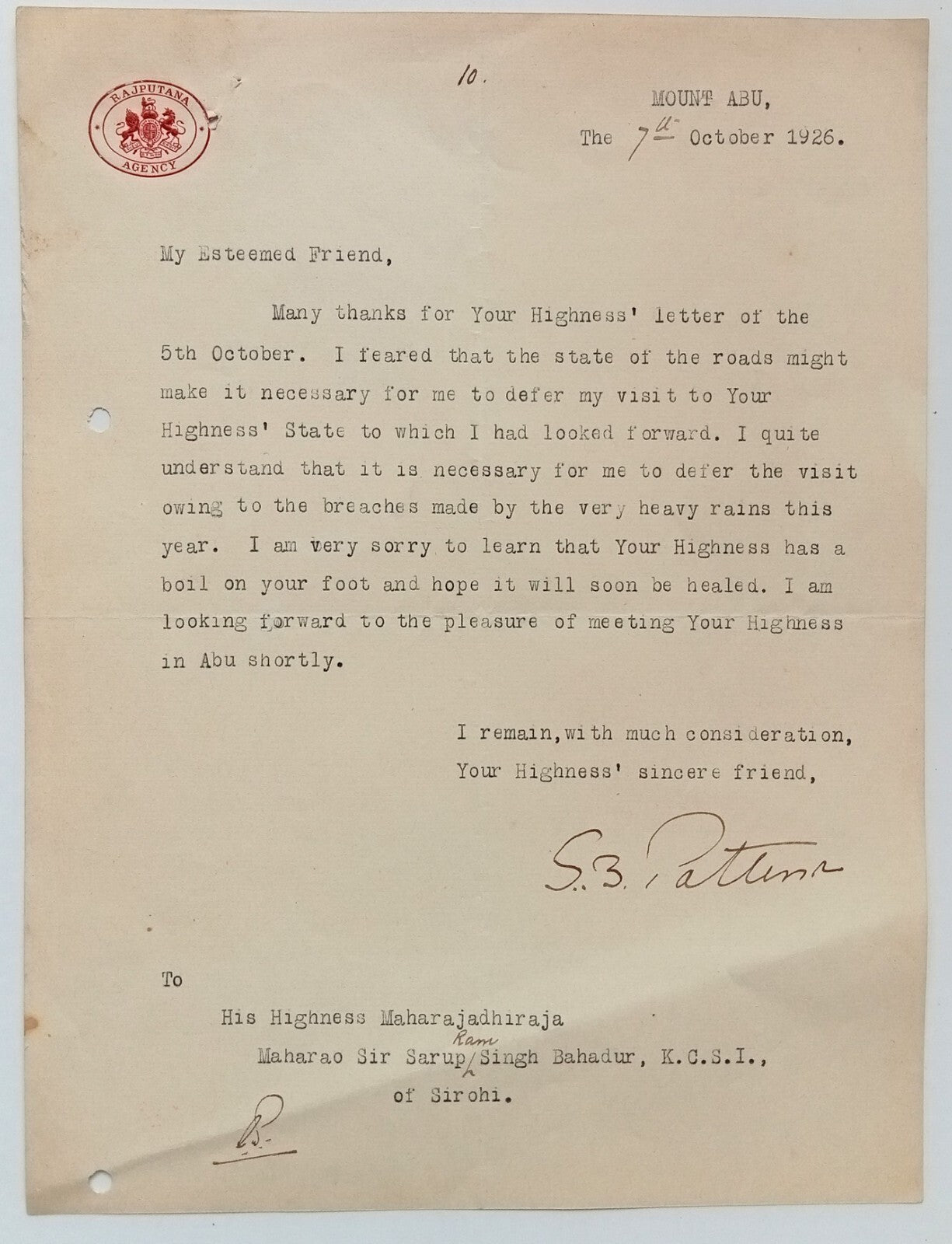 (AOP) India RAJPUTANA AGENCY crested letterhead used 1926