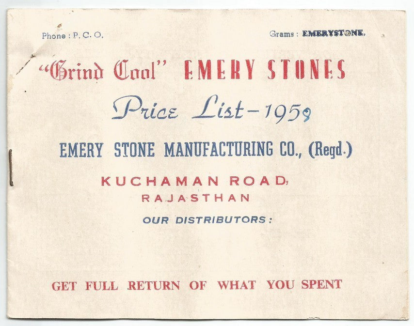 India 1958 illustrated price list of Emery Grinding stones