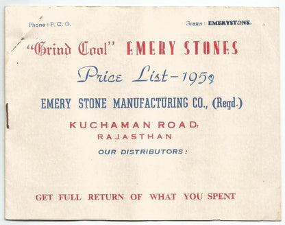 India 1958 illustrated price list of Emery Grinding stones