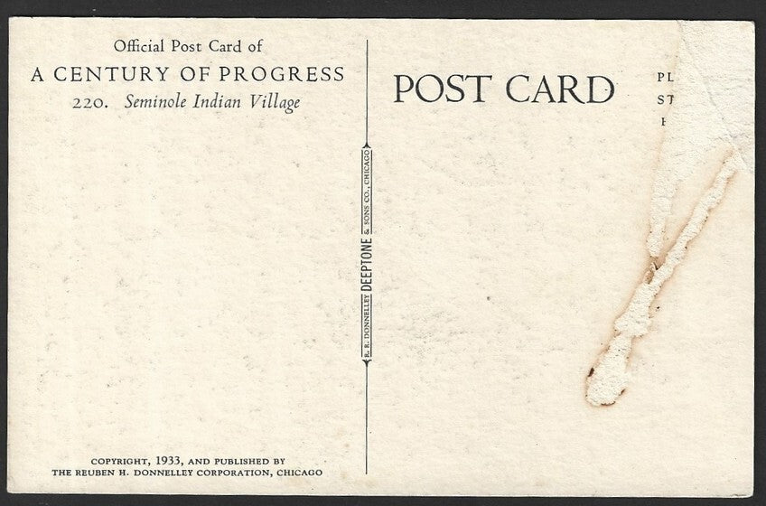 Chicago World's Fair 1933 postcard SEMINOLE INDIAN VILLAGE
