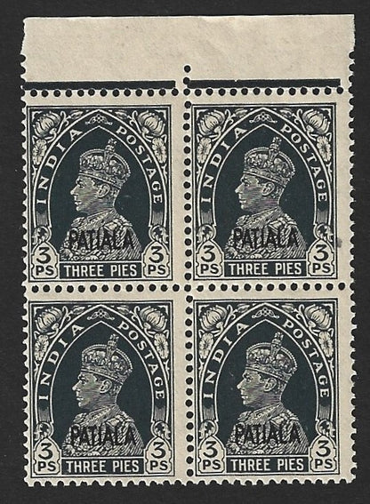 India Patiala State KGVI 1941-46 3P slate MNH block of 4 SG 98 £81