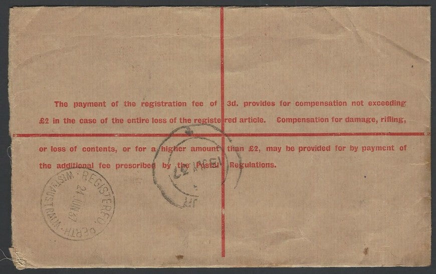 Australia KGV 5d registered envelope used 1937 to Jaipur State India
