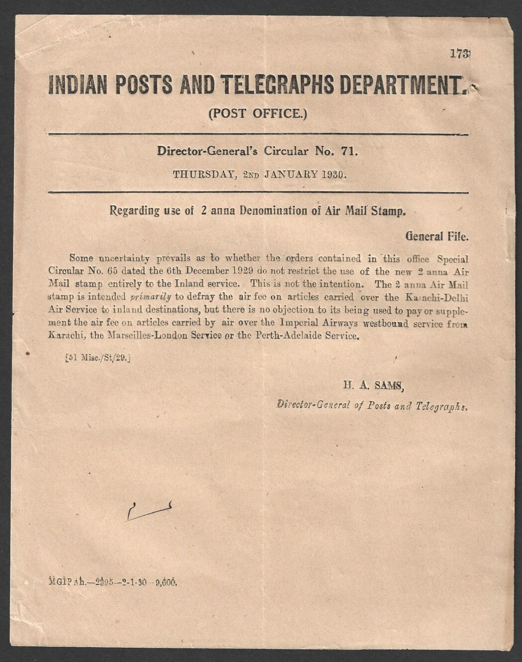 India 1929 DG'S POSTAL CIRCULAR Use of 2a denomination of Air Mail stamp