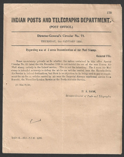 India 1929 DG'S POSTAL CIRCULAR Use of 2a denomination of Air Mail stamp