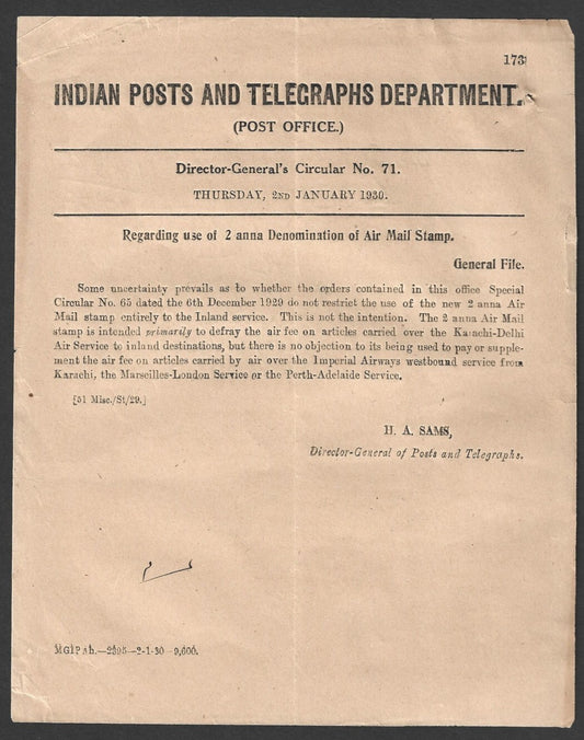 India 1929 DG'S POSTAL CIRCULAR Use of 2a denomination of Air Mail stamp