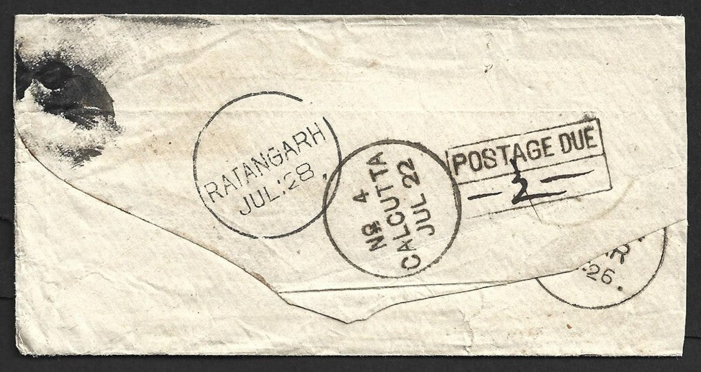 India 1870s unpaid cover wi boxed "POSTAGE DUE/1a" revised to 2a