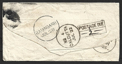 India 1870s unpaid cover wi boxed "POSTAGE DUE/1a" revised to 2a