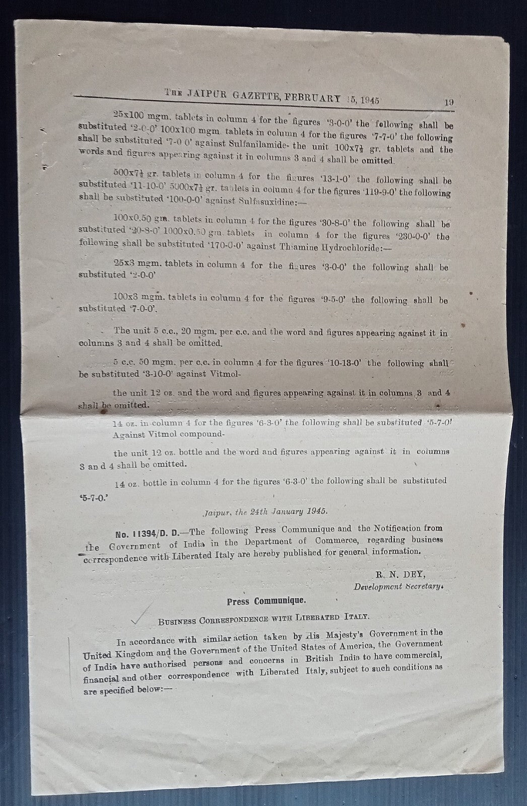 India WW2 Gazette Notification - allowing trade with LIBERATED ITALY