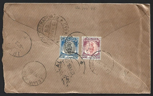 (AOP) Malaya PERAK 1950 40c on registered cover Teluk Anson to India