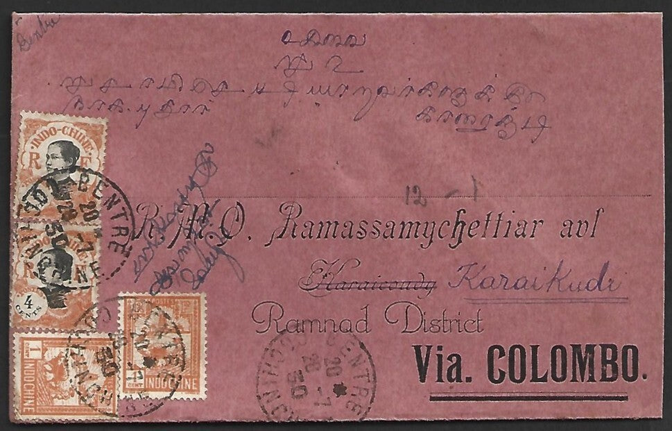 AOP Indo China 1922-23 & 1927 issues on cover Bentre to India