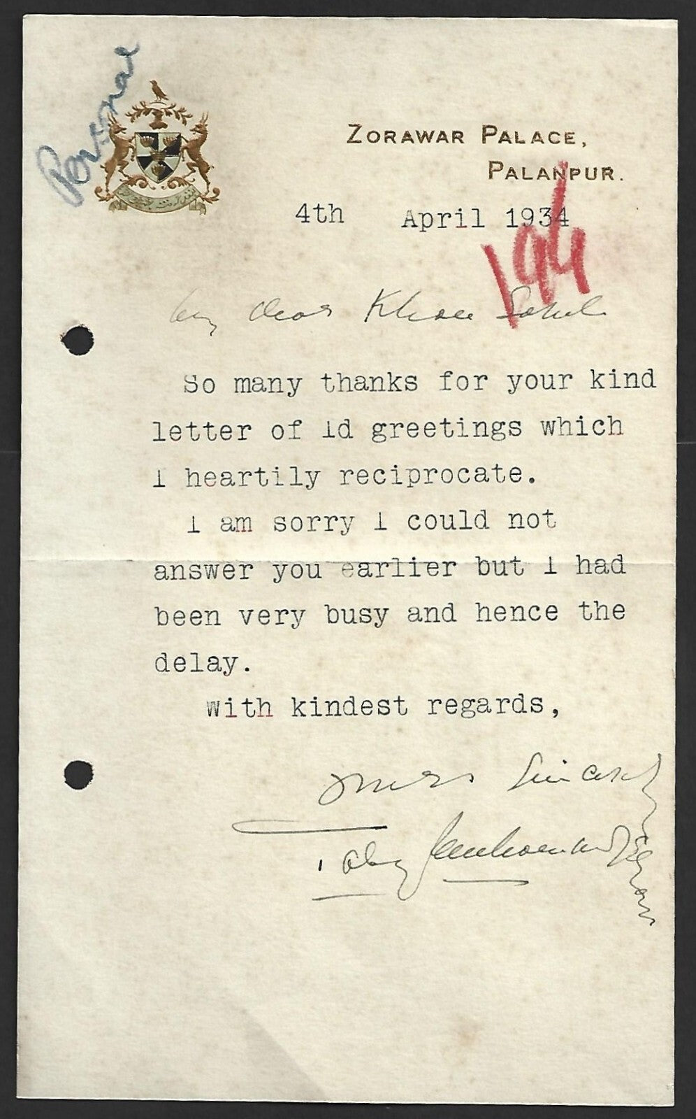 India PALANPUR STATE 1934 crested letter signed Nawab Zobat al Molk Taley M Khan