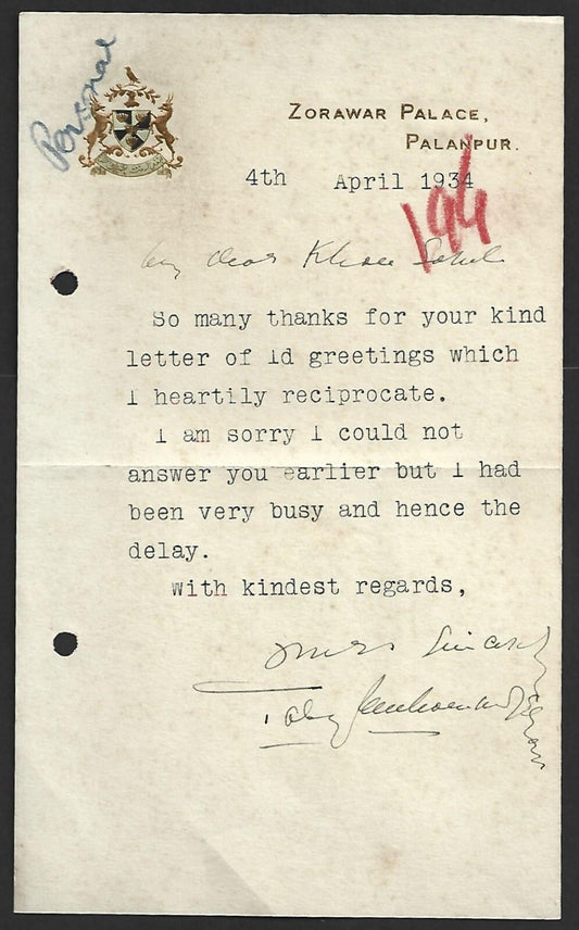 India PALANPUR STATE 1934 crested letter signed Nawab Zobat al Molk Taley M Khan