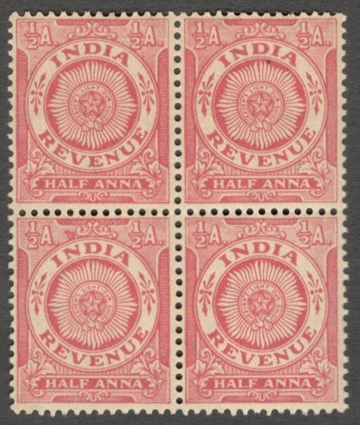 AOP India 1934 revenue stamp 1/2a red MNH block of 4