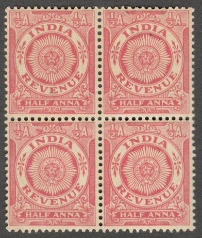 AOP India 1934 revenue stamp 1/2a red MNH block of 4