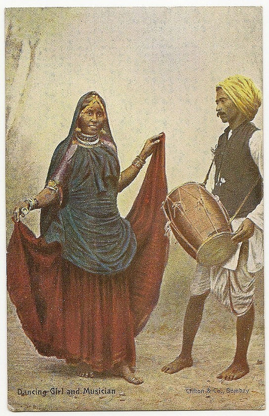 India 1910s Dancing Girl & Musician playing the dholak color postcard