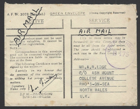 India WW2 white GREEN ENVELOPE used 1945