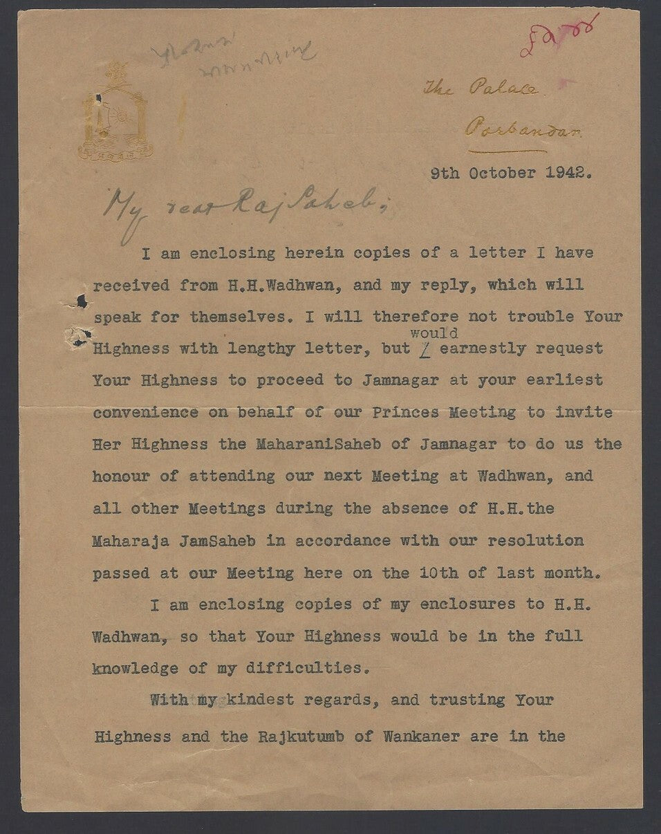 1942 crested letter signed Maharaja Natwar Porbandar INDIA CRICKET CAPTAIN
