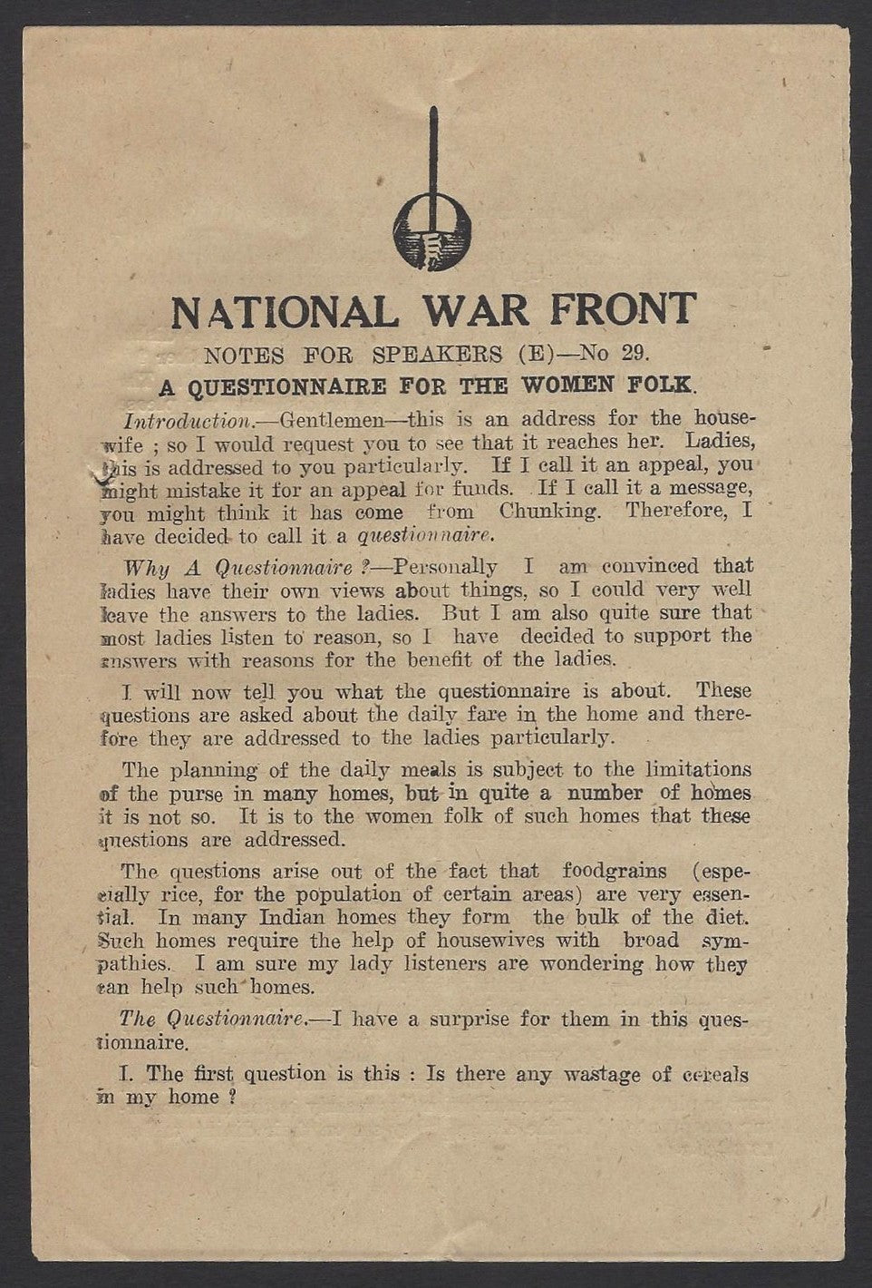 India WW2 National War Front Propaganda QUESTIONAIRE FOR WOMEN FOLK