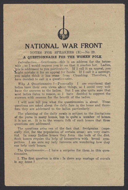 India WW2 National War Front Propaganda QUESTIONAIRE FOR WOMEN FOLK