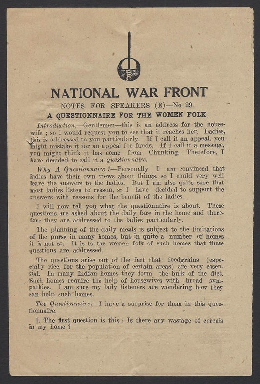 India WW2 National War Front Propaganda QUESTIONAIRE FOR WOMEN FOLK