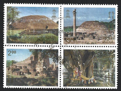 India 1997 Buddhist Tourist Sites se-tenant block of 4 used