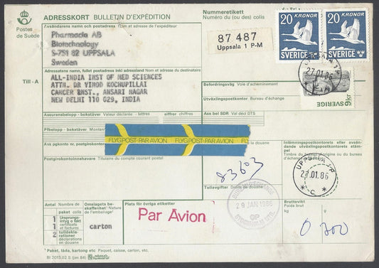 AOP Sweden #C8 1942-53 20Kr Bird x 2 on parcel card to India 