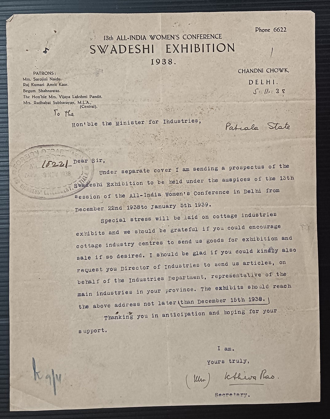 India 1938 All India Women's Conference SWADESHI EXHIBITION correspondence