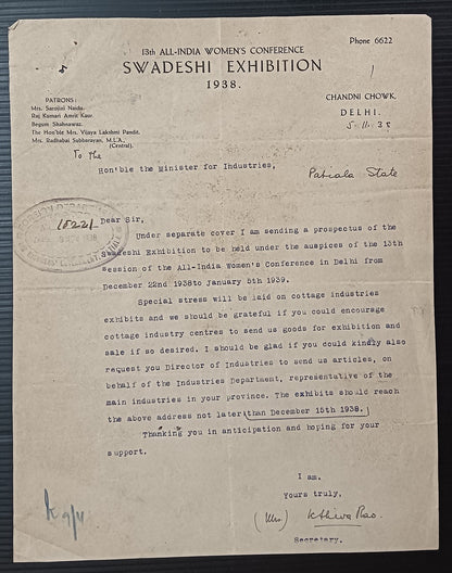 India 1938 All India Women's Conference SWADESHI EXHIBITION correspondence
